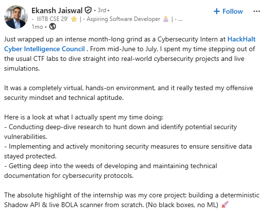 Cybersecurity Intern Feedback Testimonial